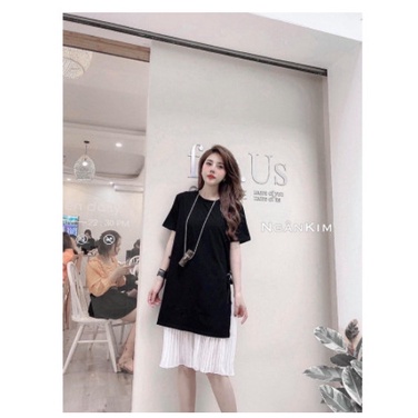 Đầm Bầu Váy Bầu Thun Cotton Dáng Suông Xòe Mùa Hè Tay Ngắn Vải Mát chân kẻ dập ly