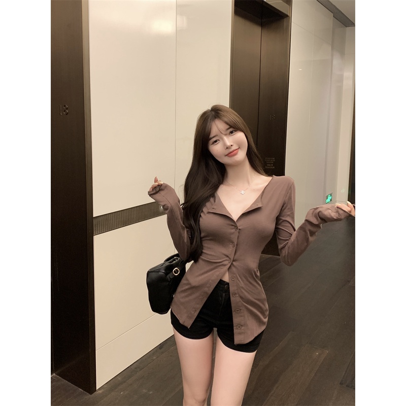 Áo Thun Nữ Tay Dài Cổ Chữ V Phong Cách Vintage Thời Trang