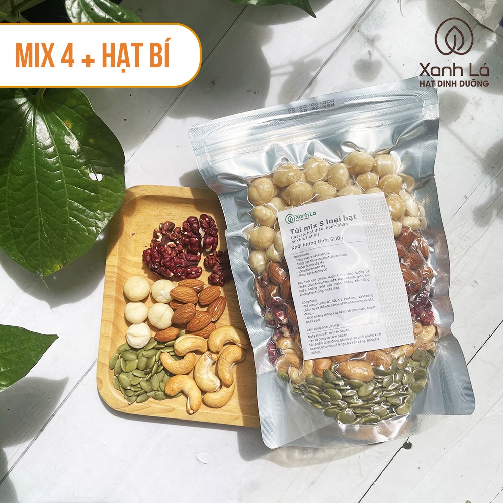 Hạt dinh dưỡng mix 5 loại (macca, hạnh nhân, điều, óc chó, bí xanh/nho khô) Xanh Lá thượng hạng, cam kết chất lượng A