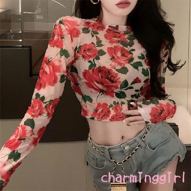 Áo Croptop Tay Dài Cổ Tròn In Họa Tiết Hoa Phong Cách Retro Dành Cho Nữ
