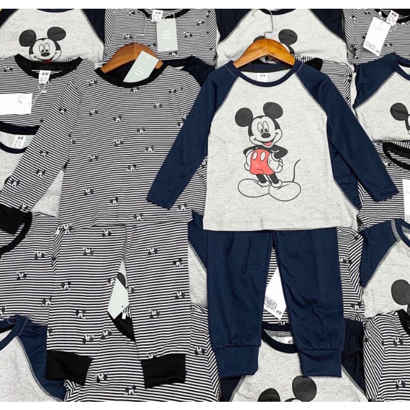 Set 2 bộ cotton mickey kẻ ngang cho bé dư xịn