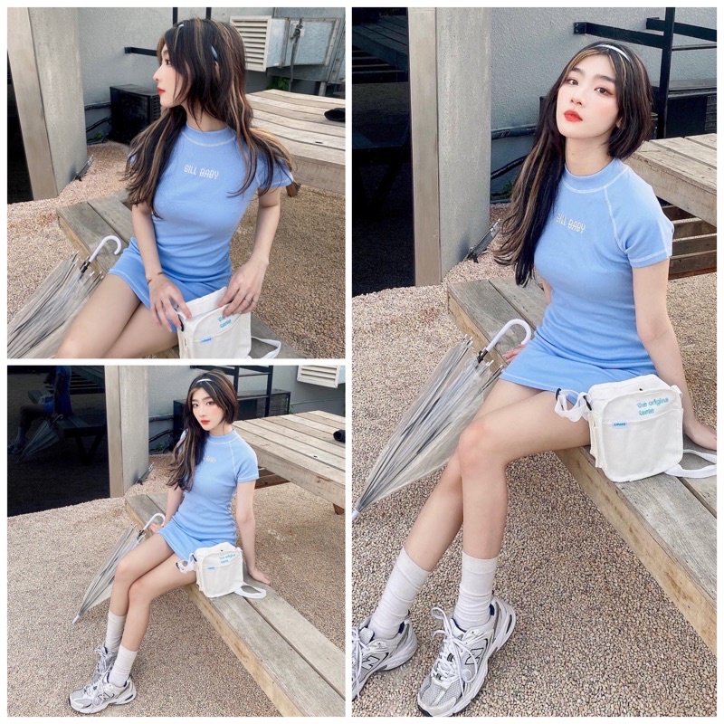 GILLBABY | Đầm body basic tay ngắn chất thun gân logo thêu năng động