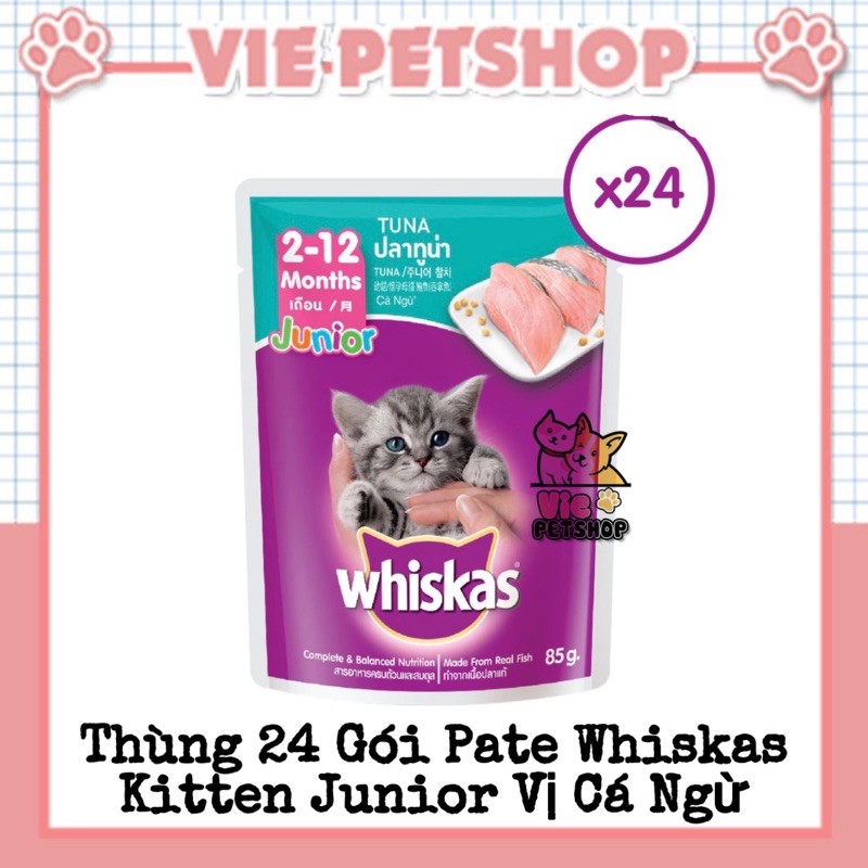 [GIÁ TỐT] 1 Thùng Pate Whiskas Kitten Junior cho Mèo Con vị Cá Ngừ Gói 80g | Vie PETSHOP