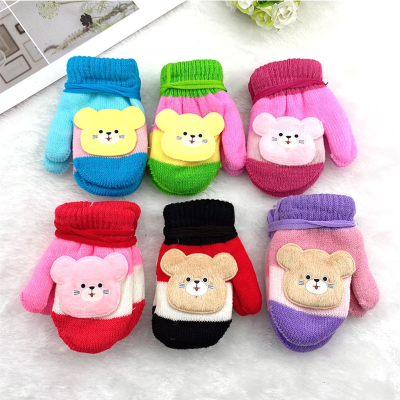 Găng tay dệt kim dày giữ ấm mùa đông in hình mèo hoạt hình dễ thương cho bé sơ sinh 0-4 tuổi