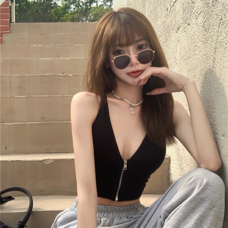 Cocory vn Áo Croptop Hai Dây Cổ Chữ V Màu Trơn Phối Khóa Kéo Quyến Rũ