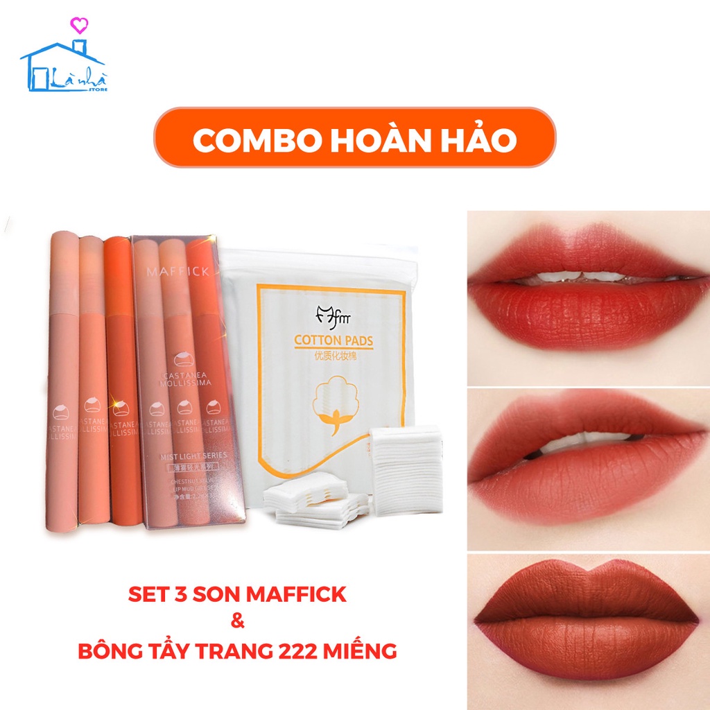 Combo Set 3 Son Kem Lì MAFFICK StrawBerry Velvet nội địa Trung màu đỏ quyến rũ 2 set A/B và Bông Tẩy Trang 222 miếng