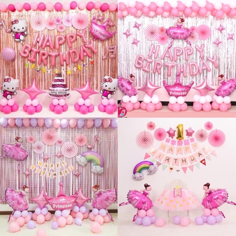 Tổng hợp các set bóng trang trí sinh nhật dành cho bé gái tone hồng hình công chúa bale, Kitty siêu xinh