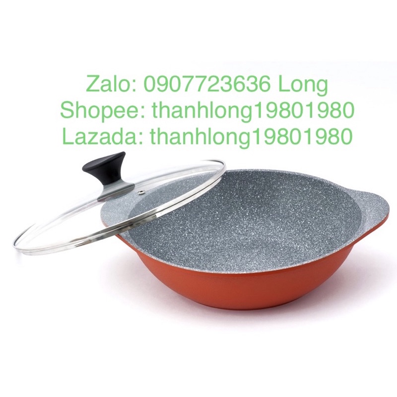 Chảo lẩu sâu lòng 2 tay cầm bằng đá ceramic 28cm nắp kính dùng được Bếp Từ , giao màu ngẫu nhiên