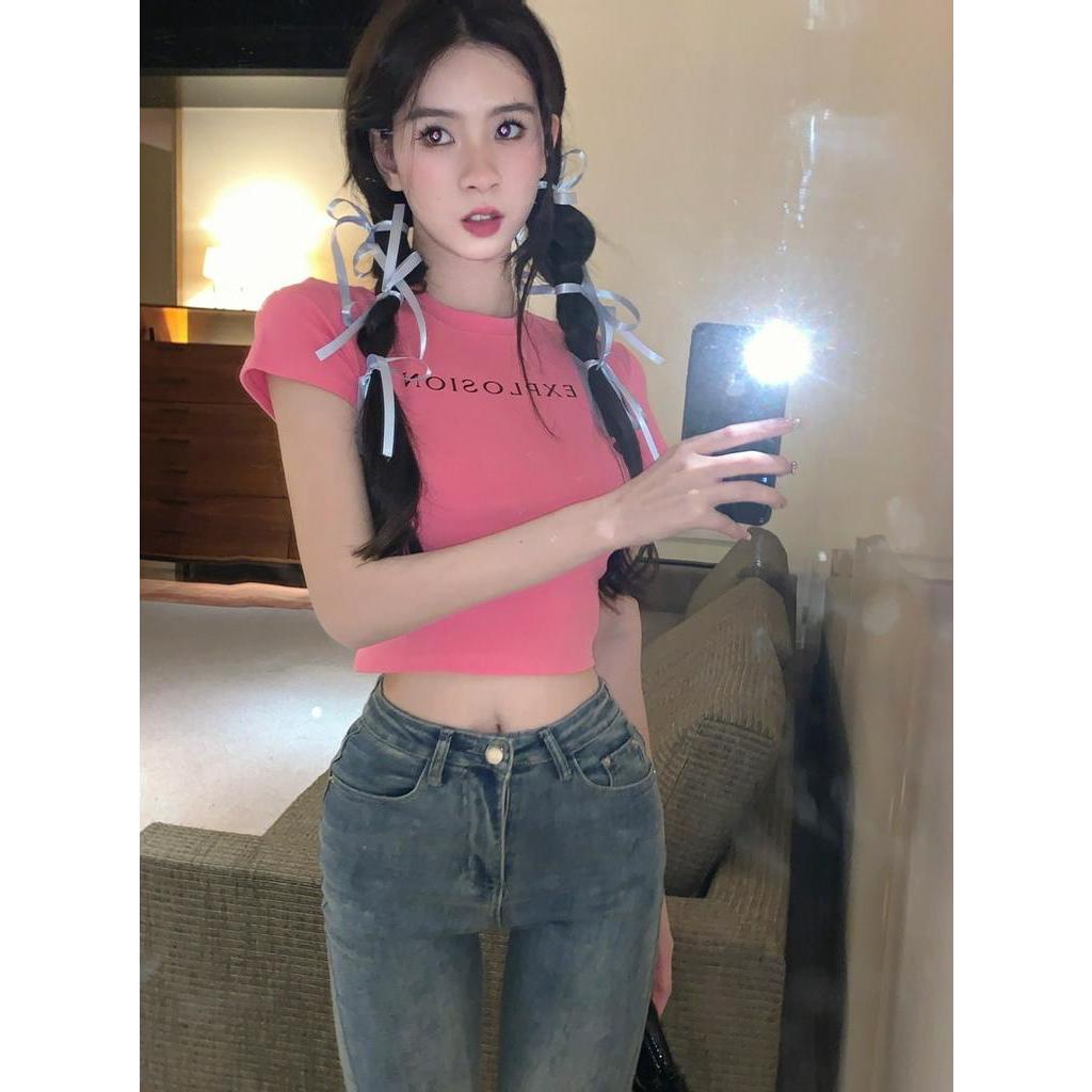 Áo Thun Lửng Ngắn Tay In Chữ Thời Trang Nữ Tính