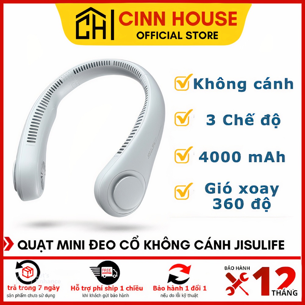 Quạt mini đeo cổ không cánh Jisulife FA12, Biên độ thổi rộng 360 độ, Pin 4000 mAh sử dụng lên đến 10h, Bảo hành 12 tháng
