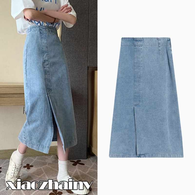 Xiaozhainv chân váy jean Chữ A Lưng Cao Xẻ Tà Phong Cách Retro Hàn Quốc | BigBuy360 - bigbuy360.vn