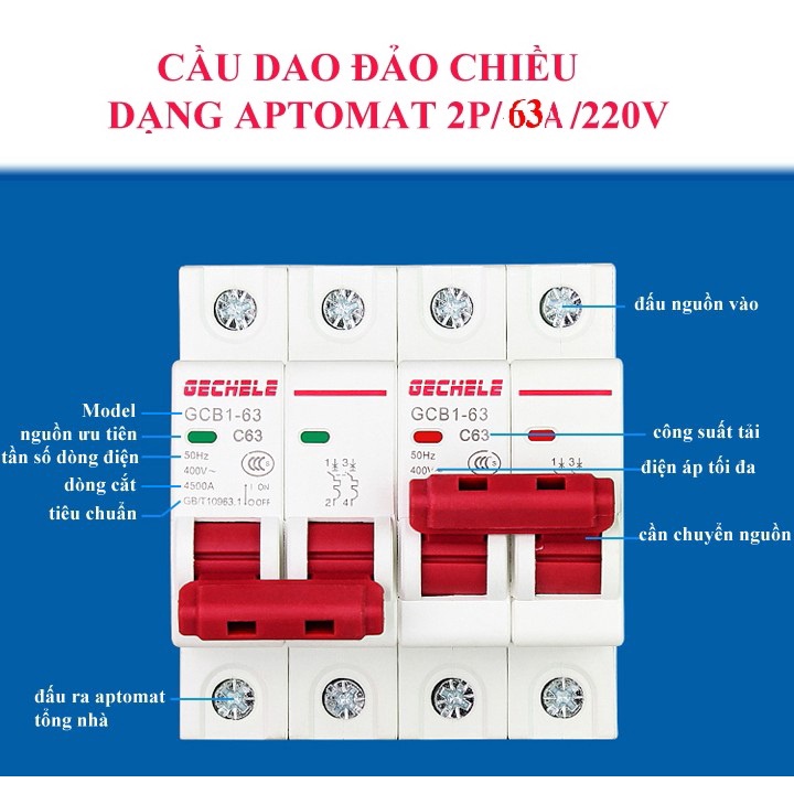 Át đảo chiều 2P 63A Gechene GCB1-63 Attomat đảo chiều 2P
