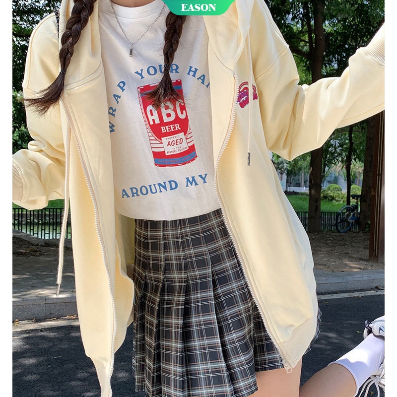 Áo khoác cardigan mỏng dáng rộng màu vàng nhạt in họa tiết có khóa kéo thời trang mùa thu cho nữ