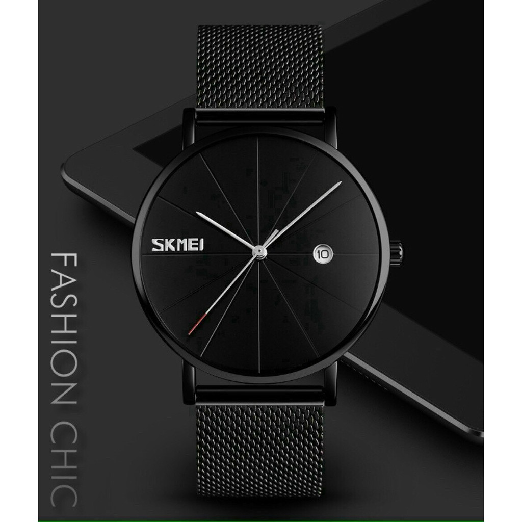 Đồng hồ nam mặt tròn, đồng hồ đeo tay nam SKMEI dây lưới, thời trang công sở
