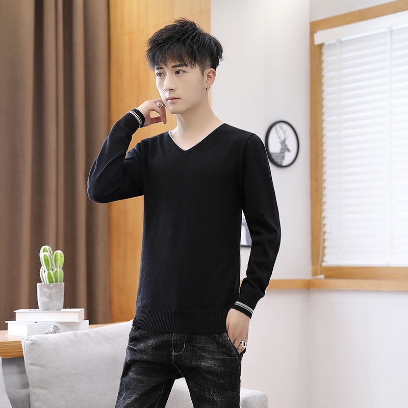 Nam giới thu đông mới áo pull cổ chữ V dài tay kết hợp sơ mi đáy quần cotton dệt kim cho
