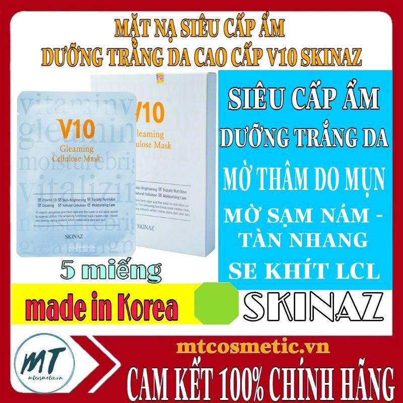 Mặt nạ V10 Gleaming SKINAZ đắp mặt cao cấp 100% tự nhiên, trắng da, kiềm dầu, mịn da