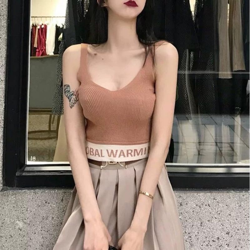 Áo len tăm croptop sát nách 2 dây mềm mại màu nâu kem cơ giãn áo thun ba lỗ có chữ global warming