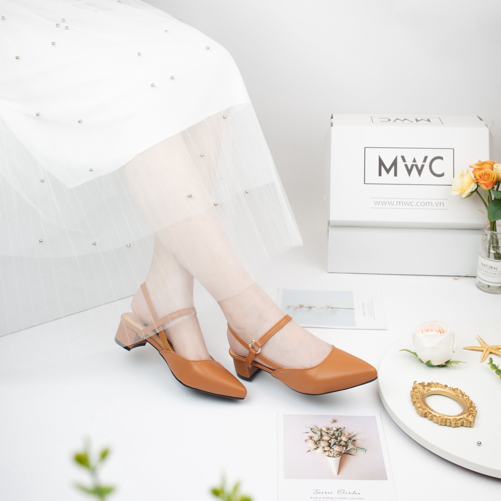 Giày MWC 3726 - Cao Gót Mũi Nhọn Đế Vuông 3cm Phối Khóa Tròn Đẹp