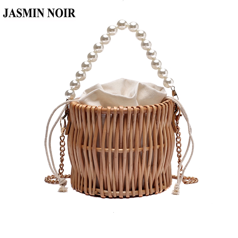 Túi Xách Đi Biển Đan Mây Thủ Công JASMIN NOIR Thiết Kế Quai Cầm Ngọc Trai Cho Nữ