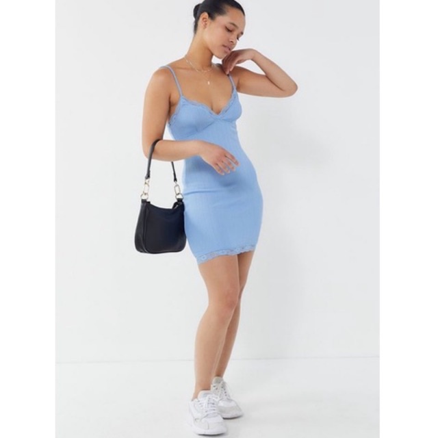 Urban Outfitters - Ribbed Lace Trim Mini Dress | đầm ôm màu xanh với ren