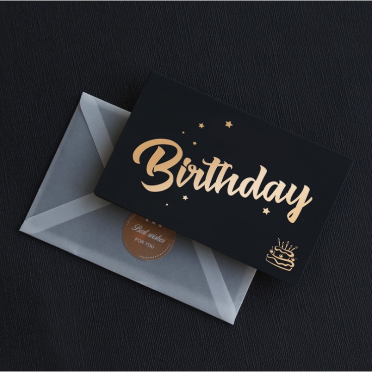 Thiệp chúc mừng sinh nhật Happy birthday đen, thư cảm ơn kèm sticker phong bì trắng đơn giản