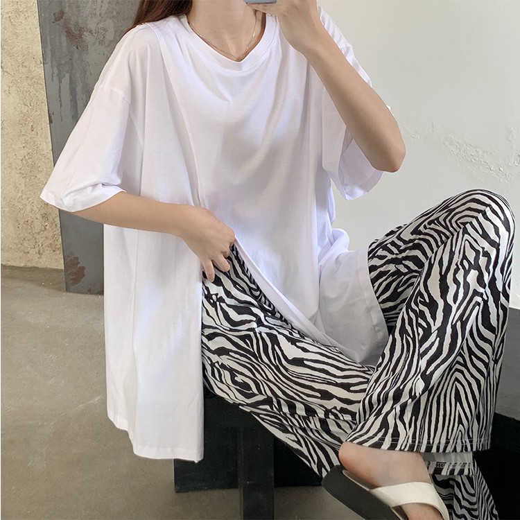 Fashion Loose T-Shirt Oversized Solid Color Short Sleeve Tops Zebra Striped Wide Leg Pants