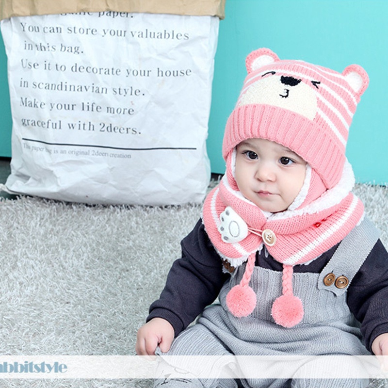 Set 2 Mũ Dệt Kim Mềm Giữ Ấm Mùa Thu Đông In Họa Tiết Gấu Dễ Thương Cho Bé Trai + Gái