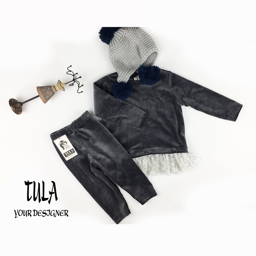 Bộ quần áo thu đông thiết kế cho bé gái phối nhung và ren