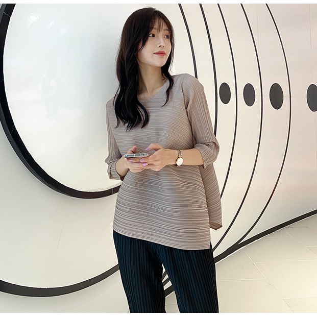 Áo Nữ Tay Dài Cổ Tròn Xếp Ly Phong Cách Hàn Quốc Baju Baju Wanita Lengan Panjang