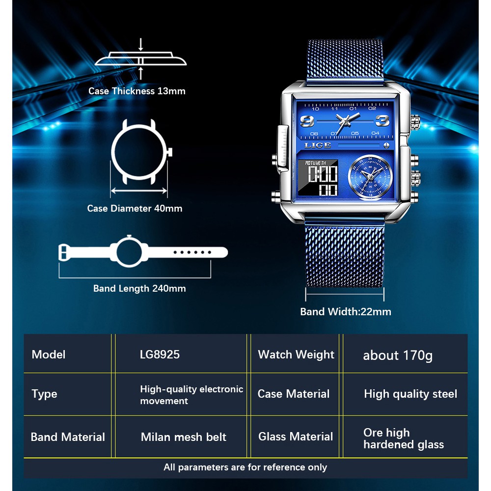Đồng Hồ Điện Tử Lige Mặt Vuông Bằng Thép Không Gỉ Chống Thấm Nước Thời Trang Cho Nam