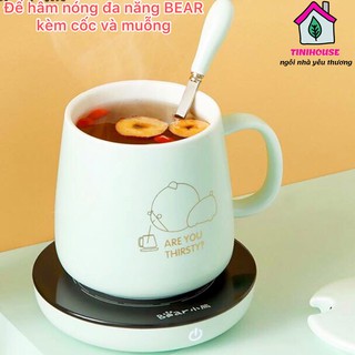 Bộ Đế Hâm Nóng Đồ Uống Đa Năng Bear Nhỏ Gọn Gồm Cốc Sứ Và Muỗng Màu Xanh Pastel