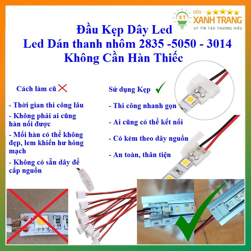 Đầu Kẹp Dây Led Dán 2835,5050,3014 Không Cần Hàn Thiếc, Cáp Kết Nối, Kẹp Nối led thanh nhôm PCB 8mm