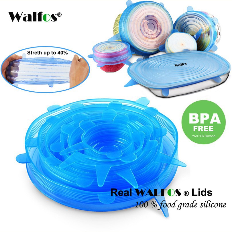 WALFOS Bộ 6 miếng đậy thực phẩm đàn hồi silicone cấp thực phẩm có thể tái sử dụng, nắp giữ tươi 5 màu