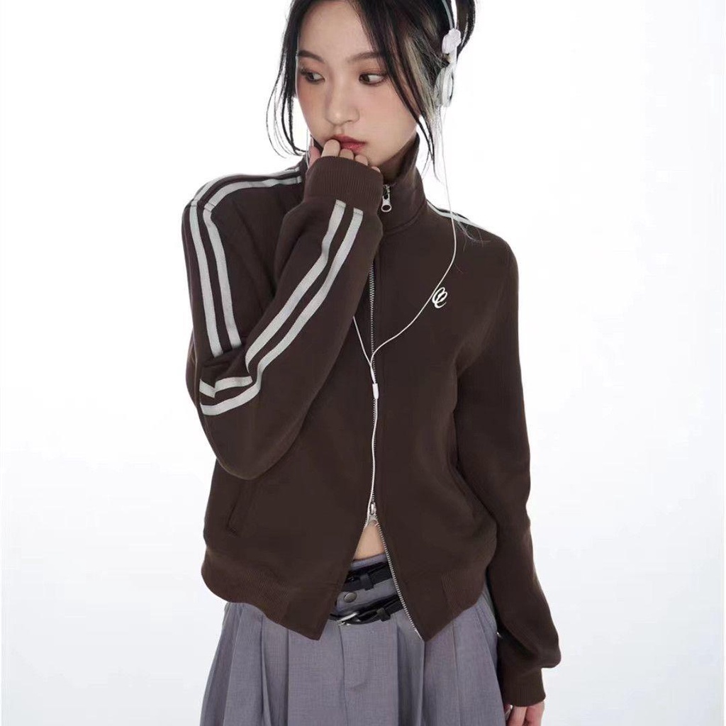 [Cotton Tinh Khiết] Áo Khoác Thể Thao Phối Hai Khóa Kéo Đôi Phong Cách Retro Mỹ Thiết Kế Sense E