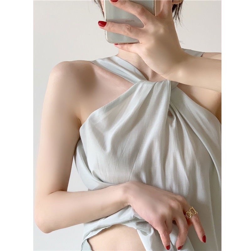 Áo yếm lụa satin phi bóng kiểu ngắn nữ trơn/ chấm bi tiểu thư - Order taobao quảng châu