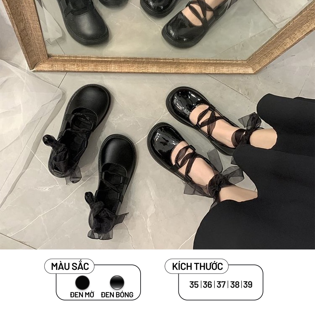 Giày Mary Jane Ulzzang Phong Cách Vintage, Giày Lolita Mũi Tròn Vải Voan Thắt Cổ Chân Đế Cao Su Hàn Quốc, Iclasy_shoes