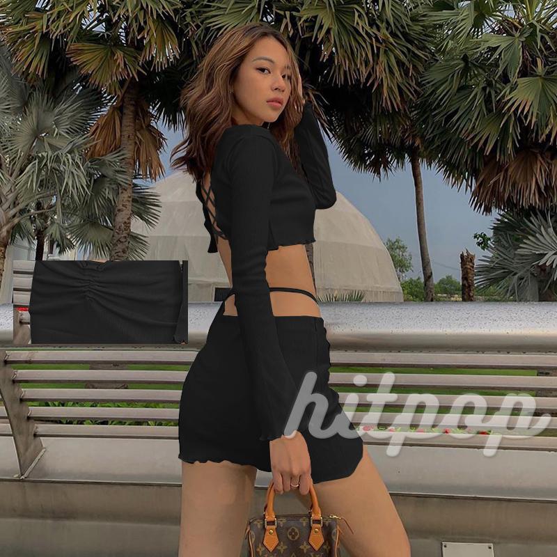 Set áo croptop tay dài + chân váy ngắn màu trơn quyến rũ cho nữ