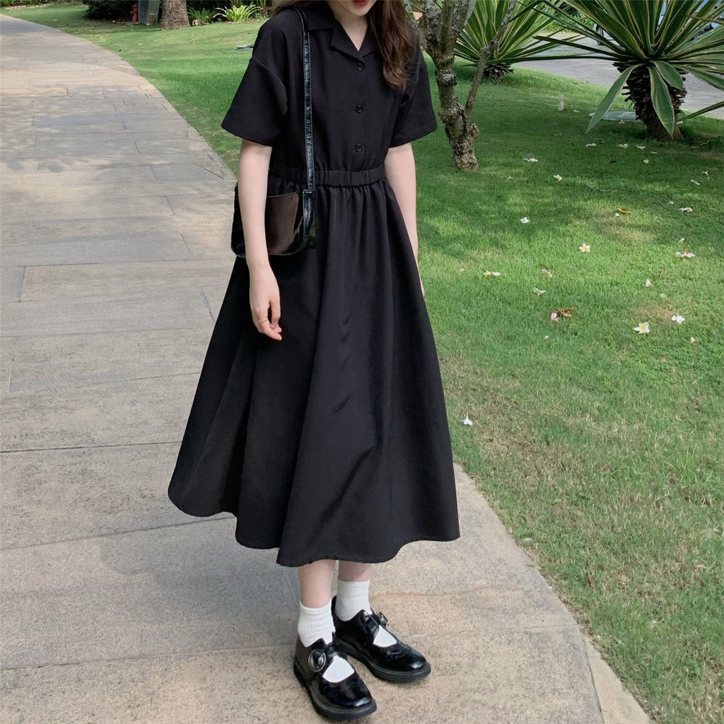 Đầm Tay Ngắn Cổ Vest Phong Cách Hàn Quốc