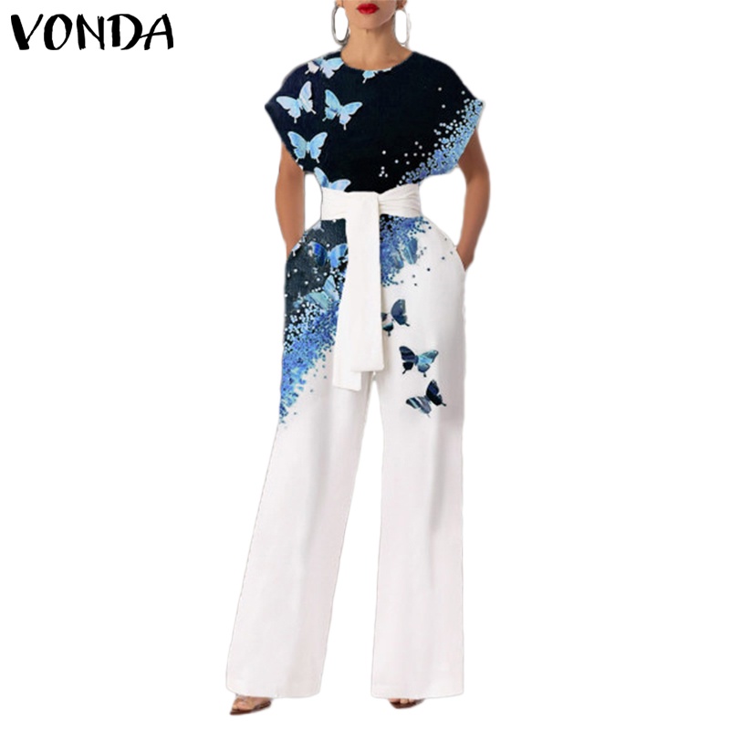 Áo liền quần VONDA tay ngắn dáng rộng họa tiết cổ điển thời thượng cho nữ