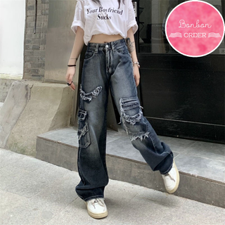 Quần jean ulzzang ống rộng phối tua rua -