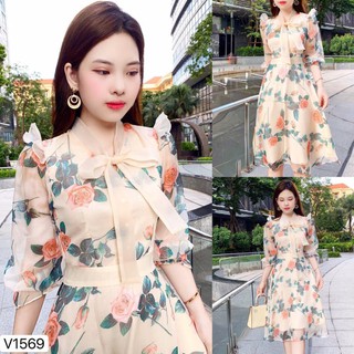 Váy hoa hồng nơ cổ V4629  - ĐẸP SHOP DVC ( Ảnh mẫu và ảnh trải sàn do shop tự chụp ) chính hãng