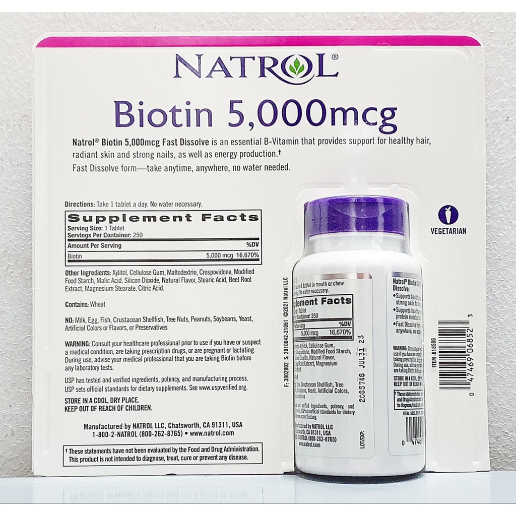 date 11/24 - Viên Ngậm Hỗ Trợ Mọc Tóc Natrol Biotin 5000mcg chai 250 Viên từ mỹ - Biotin 5000 mcg