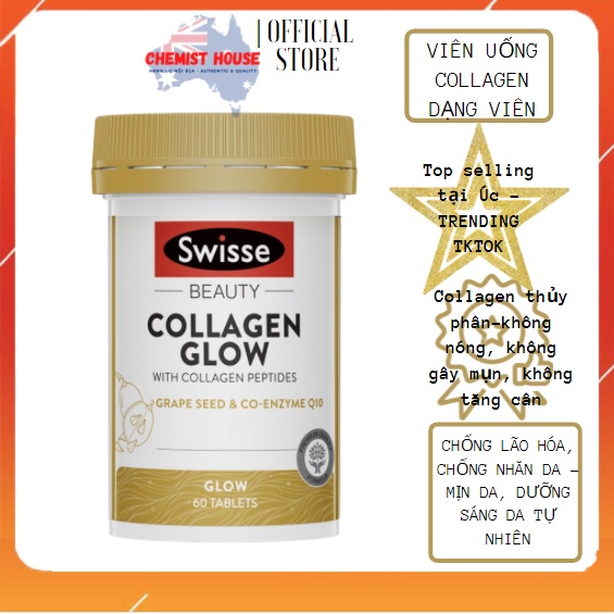 [Hàng Chuẩn ÚC] Swisse Beauty Collagen Glow - Collagen thủy phân đẹp da từ hạt nho vitamin E Coq10