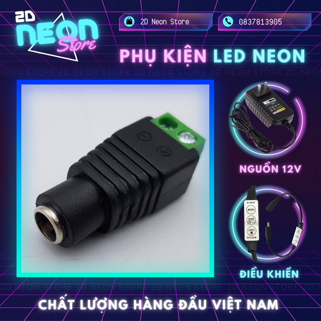 Jack DC cái, dây điện trong suốt, nguồn 12V-2A, công tắc điều khiển, phụ kiện cho đèn Led Neon I 2D Neon Store