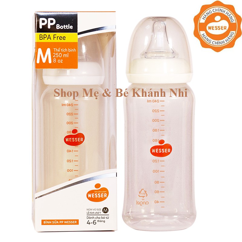 [Mã 267FMCGSALE giảm 8% đơn 500K] Bình Sữa WESSER Cổ Hẹp PP Bottle Kháng Khuẩn 250ML - Bình Sữa Cổ Hẹp Wesser 250ML