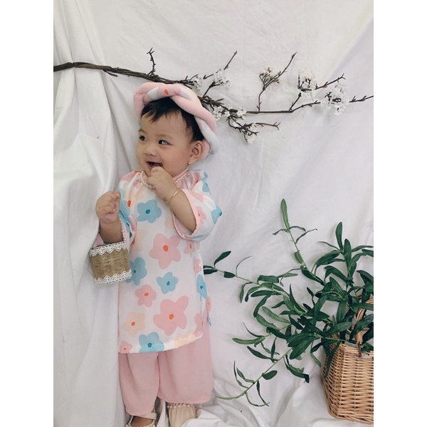 ÁO DÀI HOA ĐÀO MẸ BÉ KÈM MẤN❣️