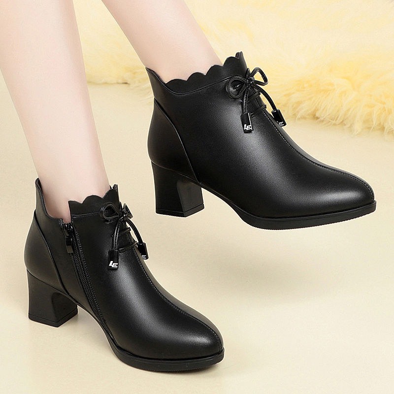 Bốt nữ cổ ngắn lót lông đính nơ gót thô 6cm C06 có video | BigBuy360 - bigbuy360.vn