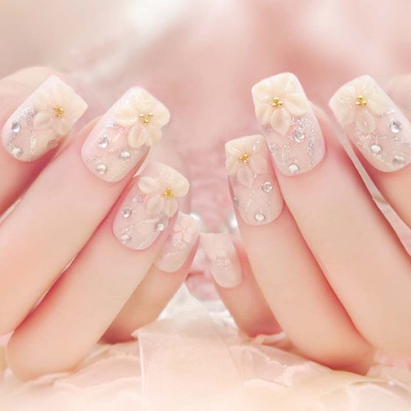 Móng tay giả 24 móng họa tiết hoa bột xinh xắn kèm keo dán