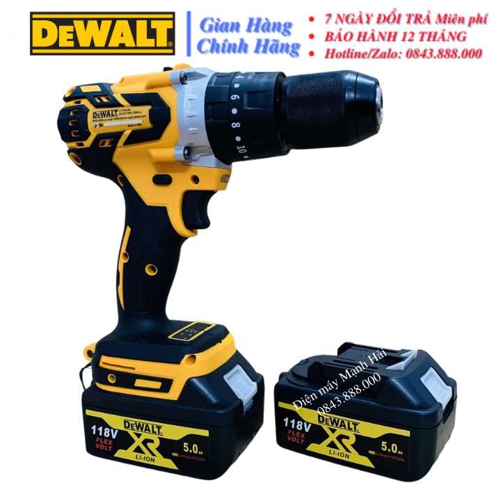 Máy Khoan Pin DeWaLT 118V động cơ KHÔNG CHỔI THAN, tặng bộ mũi khoan cao cấp