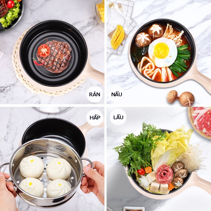 Nồi Điện Mini 2 Tầng Đa Năng Tặng Kèm Khay Hấp ( Chiên, Xào, Nấu ăn, nấu cơm, nấu lẩu mini ) cho 1-2 người